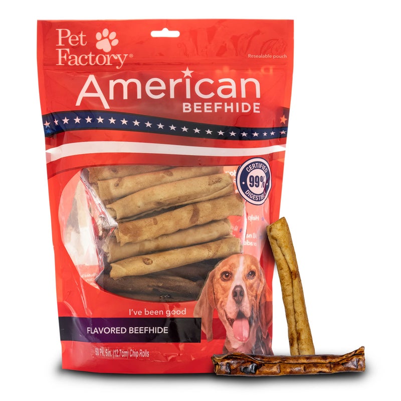 Pet Factory American Beefhide 5" Chip Rolls Dog Chew Treats - Beef & Chicken Flavor, 50 Count/1 Pack - Image 1